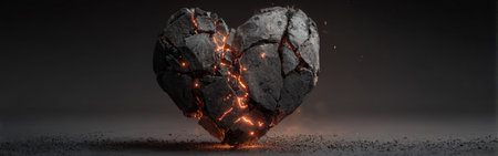 A heart-shaped sculpture made of rough stone shows cracks with glowing elements emerging from the fissures. The dark background enhances the dramatic effect, symbolizing deep emotions.の素材