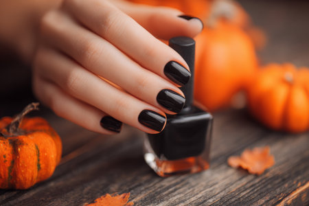 A hand with perfectly manicured black nails holds a polish bottle as pumpkins and colorful autumn leaves decorate the wooden surface, creating a festive fall vibe.の素材