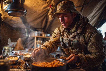 A soldiers prepare food inside a military tent during field operations at dusk. Steam rises from the cooking pots as he focuses on his task.の素材