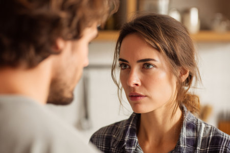 A man and woman are engaged in a serious conversation in a warm kitchen setting. The mood is intense as they exchange focused glances, showing emotional connection and tension.の素材
