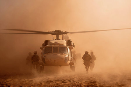 A helicopter lands amid swirling dust while soldiers move towards it. The setting sun casts a warm glow, highlighting the intense activity in the sandy landscape.の素材