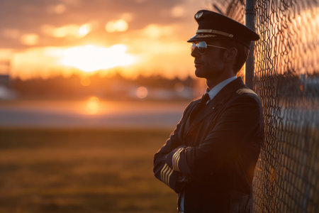A pilot in uniform stands by the airport fence, wearing sunglasses. The golden sunset creates a warm backdrop, highlighting his relaxed posture. The scene captures tranquility at the end of the day.の素材