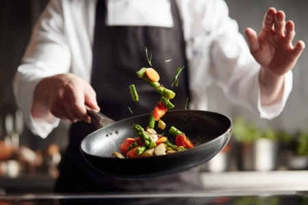A skilled chef skillfully flips fresh vegetables in a frying pan while preparing a colorful dish in a contemporary kitchen. Bright greens and reds create an appealing sight.の素材