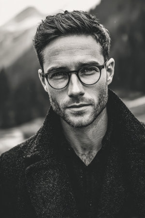 A young man is posing outdoors in a mountainous region, dressed in a dark coat. He wears glasses and has a focused expression, surrounded by natures beauty.の素材