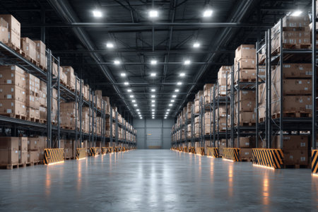 A large warehouse filled with neatly stacked boxes on shelves. Bright lights illuminate the expansive floor, creating a well-organized storage area.の素材