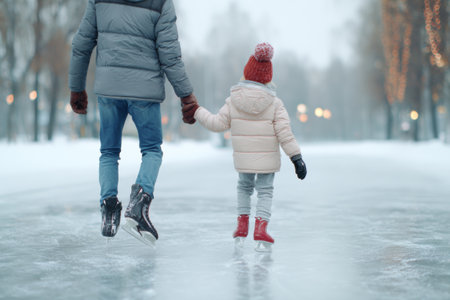 A father and daughter skate together on a frozen pond surrounded by snow-covered trees and holiday lights. They hold hands as they glide across the ice, enjoying a joyful winter evening.の素材