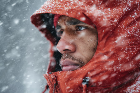 A young man wearing an orange jacket stands outside in a heavy snowstorm, staring intently as snowflakes swirl around him. The cold weather creates a dramatic atmosphere.の素材