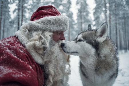 In a snowy forest, a man dressed as Santa Claus interacts closely with a fluffy husky dog. The winter scenery is serene with falling snow and tall trees in the background.の素材