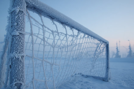 A soccer goal stands covered in thick frost during early morning. The surrounding field is blanketed in fresh snow, creating a serene winter landscape.の素材