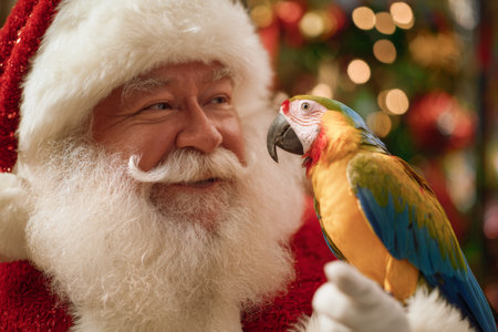 A jolly man in a red suit and white beard shares a cheerful moment with a vibrant parrot. The background is adorned with holiday decorations, creating a joyful atmosphere.の素材