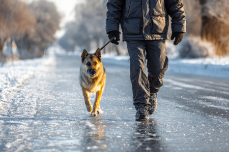A person in warm clothing leads a dog along a frozen road surrounded by trees in a winter scene. The sun shines softly, illuminating the icy surfaces and creating a serene atmosphere.の素材