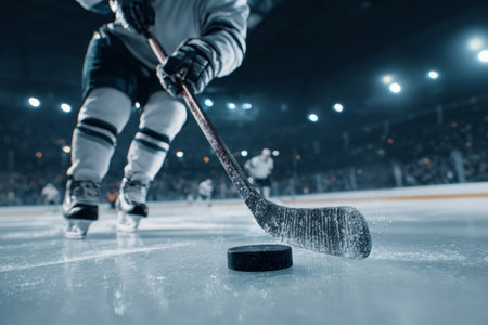 Players are engaged in an intense ice hockey game, with one athlete poised to shoot the puck on the rink under arena lights. The atmosphere is electric with fans cheering.の素材