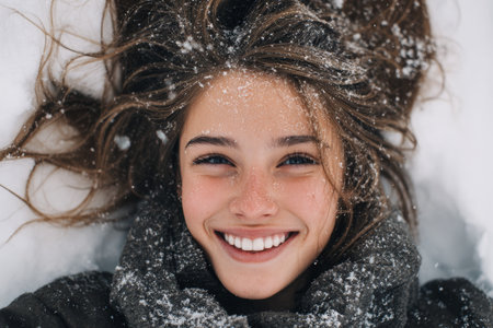 A girl with long hair smiles happily while lying in fresh snow. Snowflakes are visible on her hair and face, creating a joyful winter scene. It captures the essence of winter fun.の素材