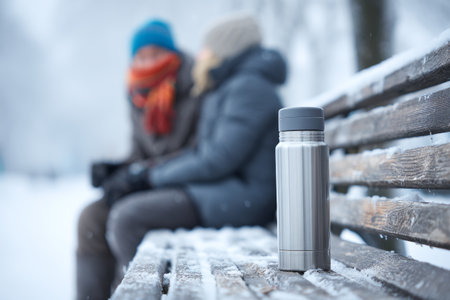 Two friends sit on a wooden bench in a snowy park, wrapped in warm clothing. A silver thermos rests on the bench, suggesting they are sharing hot drinks while enjoying the winter scenery.の素材