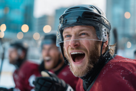 Players celebrate with smiles and cheers after scoring a goal during an outdoor hockey match. The crowd enjoys the thrilling atmosphere in the city.の素材