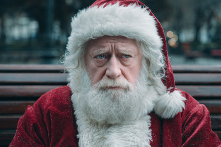 An elderly man with white hair and a thick beard wears a classic red Santa suit. He sits on a bench in a park, appearing thoughtful as winter settles around him.の素材