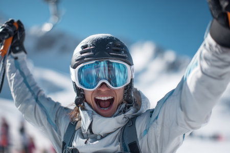 A skier smiles broadly while holding ski poles, wearing a helmet and goggles. Bright sunlight illuminates the snowy landscape and surrounding mountain peaks during winter.の素材