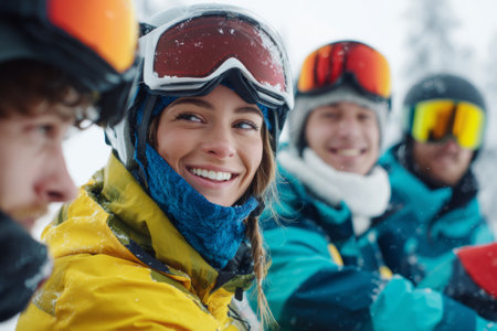 A group of friends chats and laughs together while taking a break from skiing in a vibrant snowy mountain setting. They wear colorful winter gear and enjoy their time outdoors.の素材