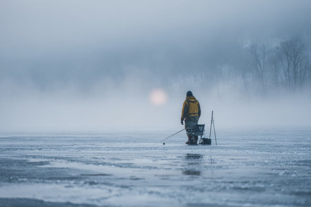 An individual stands on a frozen lake, dressed in warm clothing, fishing through an ice hole. A soft fog envelops the scene as the sun rises slowly in the background.の素材