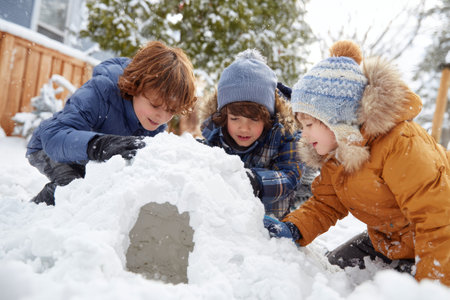 Three kids are playing in the snow, working together to create a snow fort. They are bundled in winter clothes and are focused on their fun activity in a snowy backyard.の素材