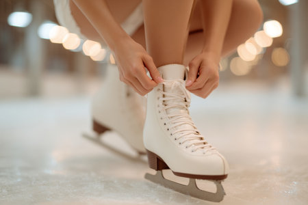 A dancer is kneeling on smooth ice, tying the laces of white skates before an evening practice session. Soft lights illuminate the rink, creating a serene atmosphere.の素材