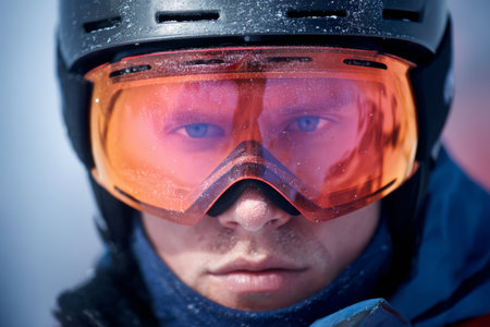 A young skier stands at the top of a mountain slope. He wears protective gear including a helmet and sunglasses. Snow sparkles in the sunlight around him as he concentrates before skiing.の素材