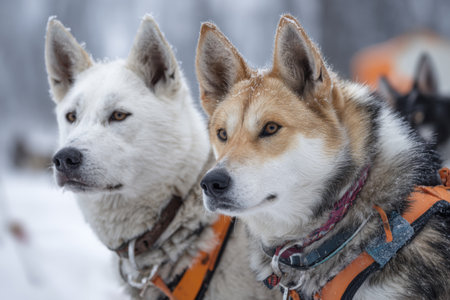 Two beautiful sled dogs stand close together in a snowy setting. Their thick fur shines in the cold light, and they are wearing harnesses. A serene winter scene surrounds them.の素材
