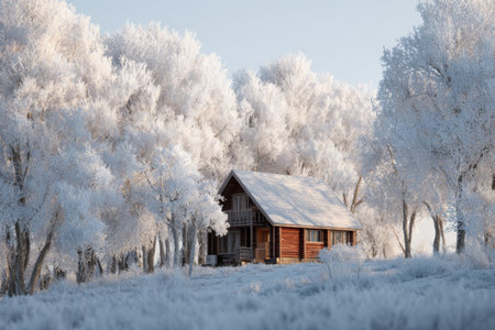 A wooden cabin stands in a serene snowy setting, surrounded by frosty trees. The winter morning light casts a soft glow, highlighting the peaceful atmosphere of the scene.の素材