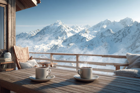 Two cups of hot coffee rest on a wooden table outside a mountain cabin. Snow-capped peaks rise majestically in the background under a clear blue sky. The scene captures tranquility and warmth.の素材