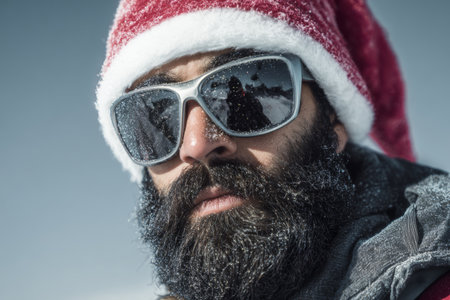 A man with a thick beard wears sunglasses and a Santa hat while surrounded by snow. Frost covers his facial hair and the bright sun reflects off his glasses, creating a festive winter scene.の素材
