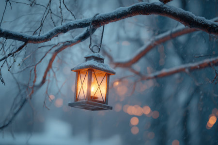 A cozy lantern is suspended from a tree branch, glowing warmly in the evening light. Snow blankets the surrounding branches, creating a serene winter scene.の素材