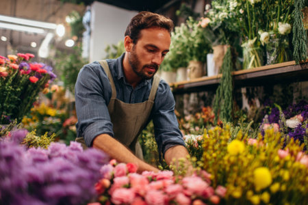 A man skillfully arranges a variety of fresh flowers in a bustling florists studio. Bright colors and fragrant scents fill the air as he prepares beautiful bunches for customers.の素材