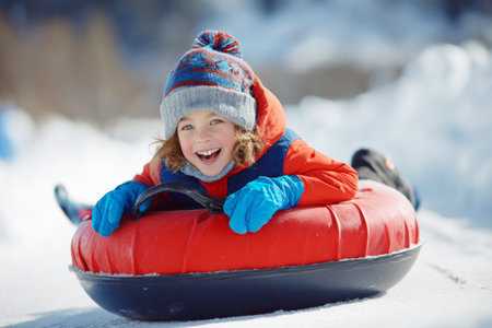 A happy child with curly hair is sliding down a snowy hill on a vibrant red inner tube wearing a cozy hat and gloves. The sun shines, adding excitement to the winter fun.の素材