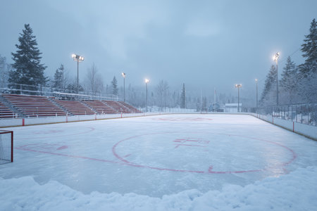 An outdoor ice hockey rink stands in a winter landscape, illuminated by floodlights. The bleachers are empty, and snow outlines the rink as it awaits players.の素材