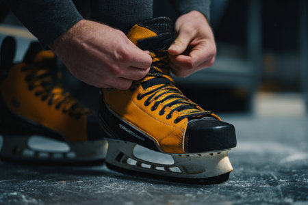 A person prepares for ice skating practice by tightening their yellow skates at an indoor rink. The focus is on the skates and the actions of lacing them up.の素材