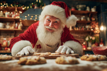A joyful figure dressed as Santa Claus is carefully arranging freshly baked cookies on a wooden table in a festive kitchen. The room glows with warm lights and decorations for the holiday season.の素材
