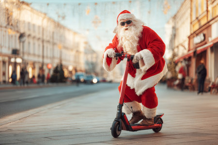 Santa Claus dressed in red and white glides on a scooter through a decorated city street. Bright decorations add to the lively holiday atmosphere.の素材