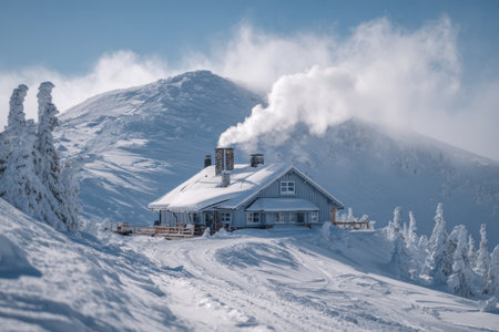 A cozy cabin sits atop a snow-covered mountain, with smoke billowing from its chimney. The bright blue sky complements the peaceful winter scene, inviting tranquility.の素材