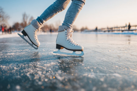 A person skates smoothly on a frozen lake, wearing white ice skates. The sun sets in the background, casting warm light on the scene. Others enjoy the winter day nearby.の素材