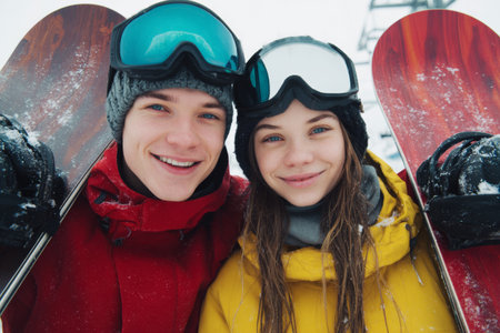 Two smiling young people are dressed in colorful winter jackets with snowboards in their hands. They are enjoying a snowy day at a ski resort, surrounded by snow-covered mountains.の素材