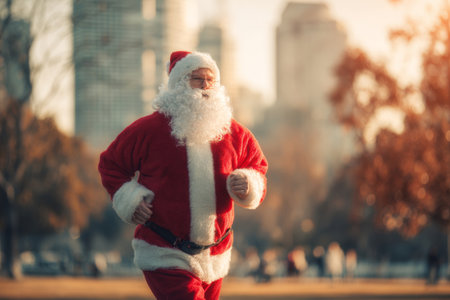 A man dressed as Santa Claus jogs through a park at sunset. The warm light highlights the festive outfit with a cityscape in the background. Families can be seen enjoying the day.の素材