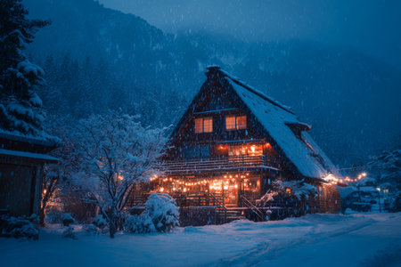 A cozy wooden cabin stands surrounded by snow-covered trees, adorned with bright lights. Snowflakes fall softly as evening sets in, creating a tranquil mountain atmosphere.の素材