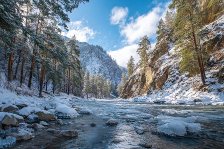A serene river surrounded by snow-covered trees and rocky cliffs. The sky is clear with a few clouds, highlighting a peaceful winter day in a mountainous area.の素材