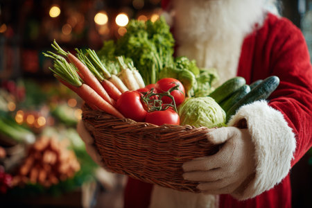 A jolly figure dressed as Santa Claus holds a woven basket brimming with vibrant vegetables. The scene is set in a cozy holiday market filled with festive decorations and warm lights.の素材