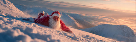 A figure dressed as Santa slides down a snow-covered mountain slope while surrounded by stunning snowy peaks in the background. The sun sets, casting warm light on the scene.の素材