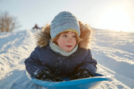 A cheerful child in winter clothing slides down a snowy hill on a sled.の素材