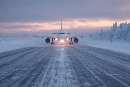 An airplane is positioned on a snowy runway, surrounded by frost-covered trees. The sky is painted in shades of purple and pink as the sun sets over the winter scene.の素材