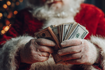 Santa holds a stack of cash in his gloved hands, sitting in a warm, inviting space decorated for the holidays, surrounded by twinkling lights and holiday spirit.の素材
