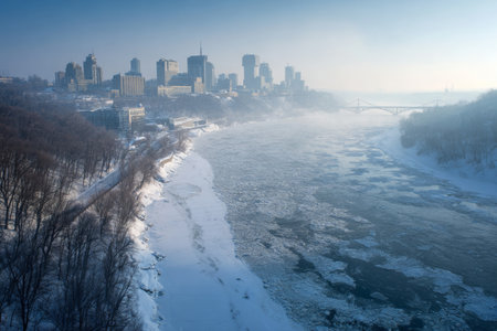 A frosty river flows with ice formations as the sun rises behind a city skyline. Trees line the riverbank, creating a serene winter scene in the early morning.の素材