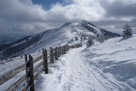 A snowy trail leads through a winter landscape with a wooden fence on one side. In the distance, a mountain peak rises under a cloudy sky, creating a serene winter scene.の素材